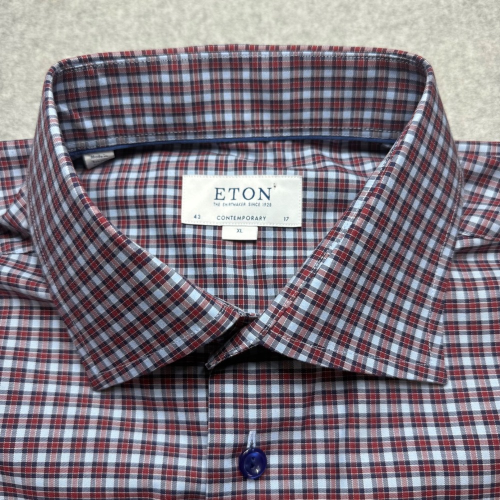 Eton Contemporary Fit Dress Shirt Mens XL 17 Red Blue Check LS Button Up